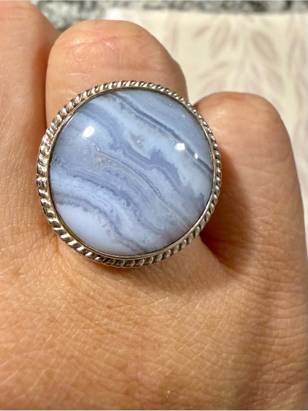 Blue Lace Agate Silver Rope-Edge Sterling Sliver Adjustable Ring